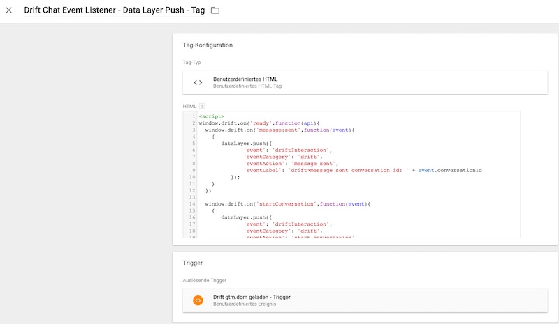 drift chat event listener - custom html GTM tag