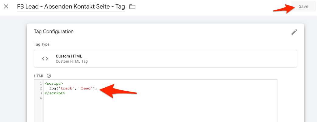 Facebook Lead Event - conversion Tracking mit Google Tag Manager - schritt 3