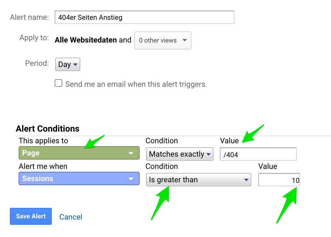 google analytics alerts - 404 seiten anstieg messen